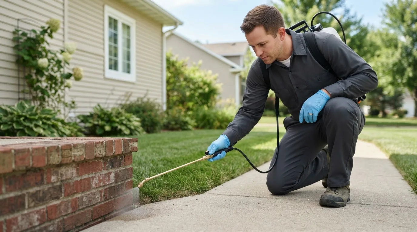 Pest control technician treating a home near Rockbridge, MO