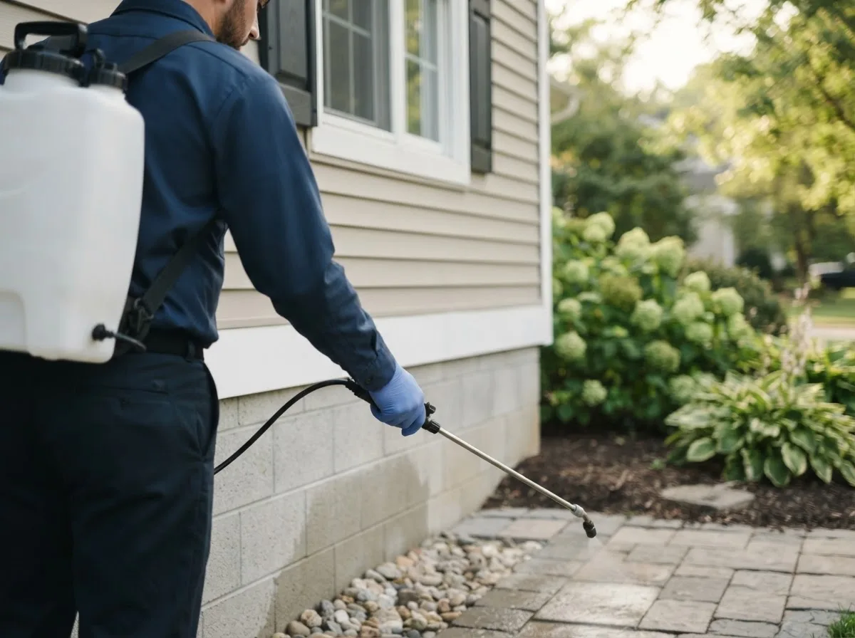 Pest control technician inspecting a home in Rockbridge, MO